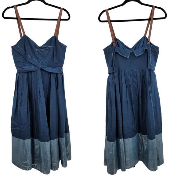 Anthropologie Bian Peasant Midi Dress L Blue Silk Embroidered Sleeveless Pleated - Picture 1 of 10